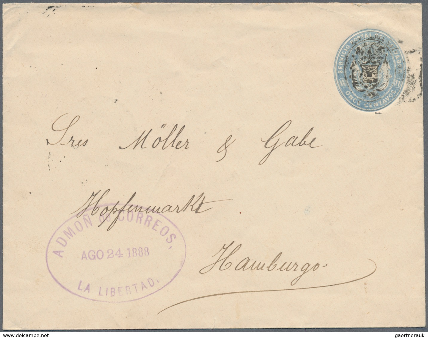 El Salvador - Ganzsachen: 1887 11 Centavos Blue Postal Stationery Envelope Without CONTAD MYOR On Fl - El Salvador