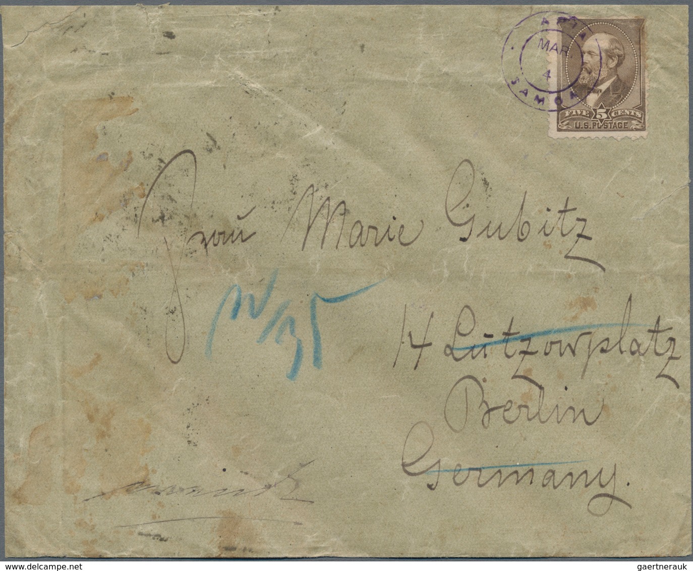 Samoa: 1886 (4 March): US 1882 5c. Brown Used On Cover From The Imperial German Consulate For The So - Samoa