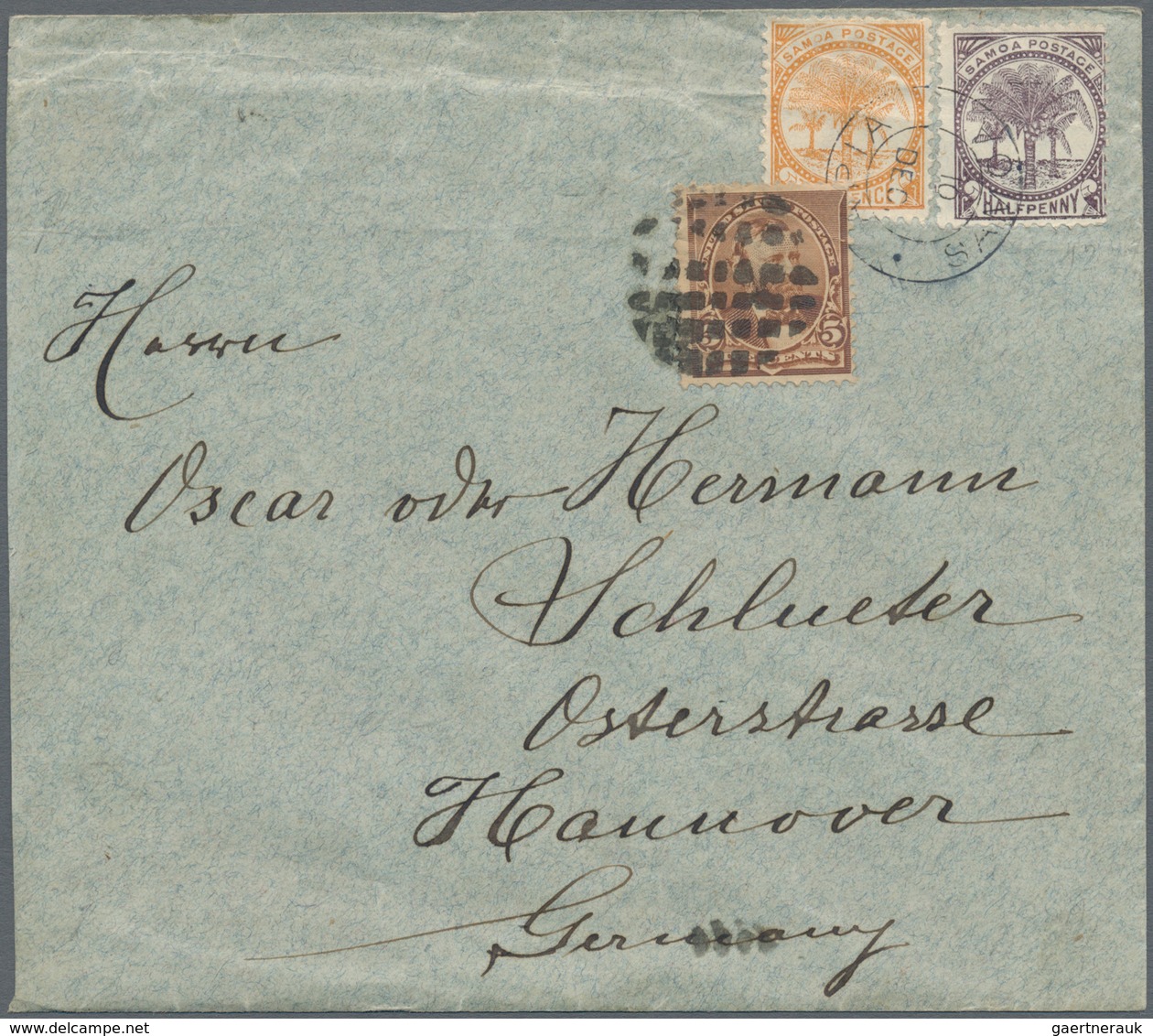 Samoa: 1891, SAMOA-USA COMBINATION LETTER, J.Davis Private Mail ½d. Brown-lilac And 2d. Orange On Co - Samoa