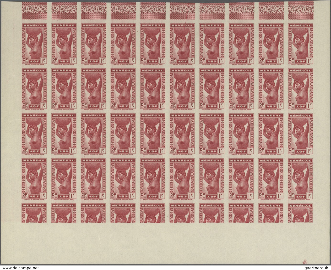 Senegal: 1938, Definitives "Senegalese Woman", 1fr. Carmine, Complete Sheet Of 50 Stamps, Full Botto - Other & Unclassified