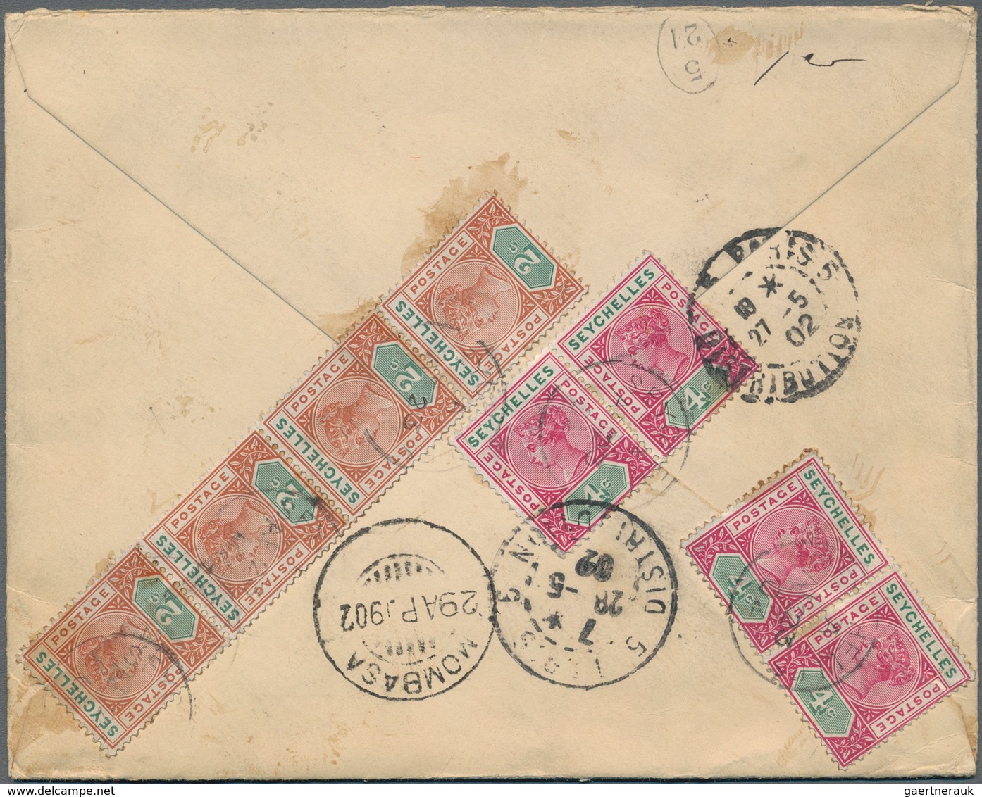 Seychellen: 1902, Stationery Envelope 18c. On 30c. Brown, Uprated On Reverse By Two Horizontal Pairs - Seychelles (...-1976)