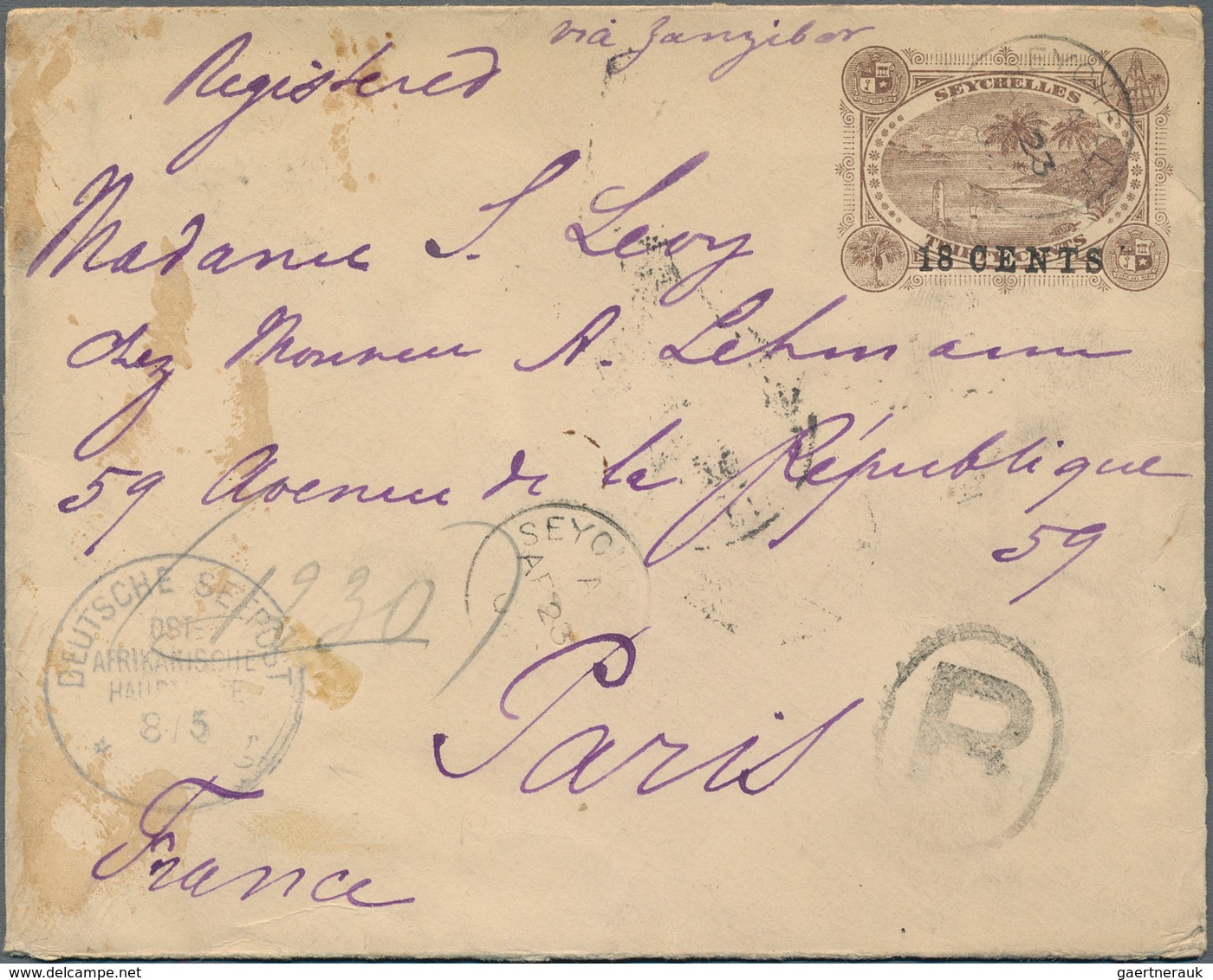 Seychellen: 1902, Stationery Envelope 18c. On 30c. Brown, Uprated On Reverse By Two Horizontal Pairs - Seychellen (...-1976)