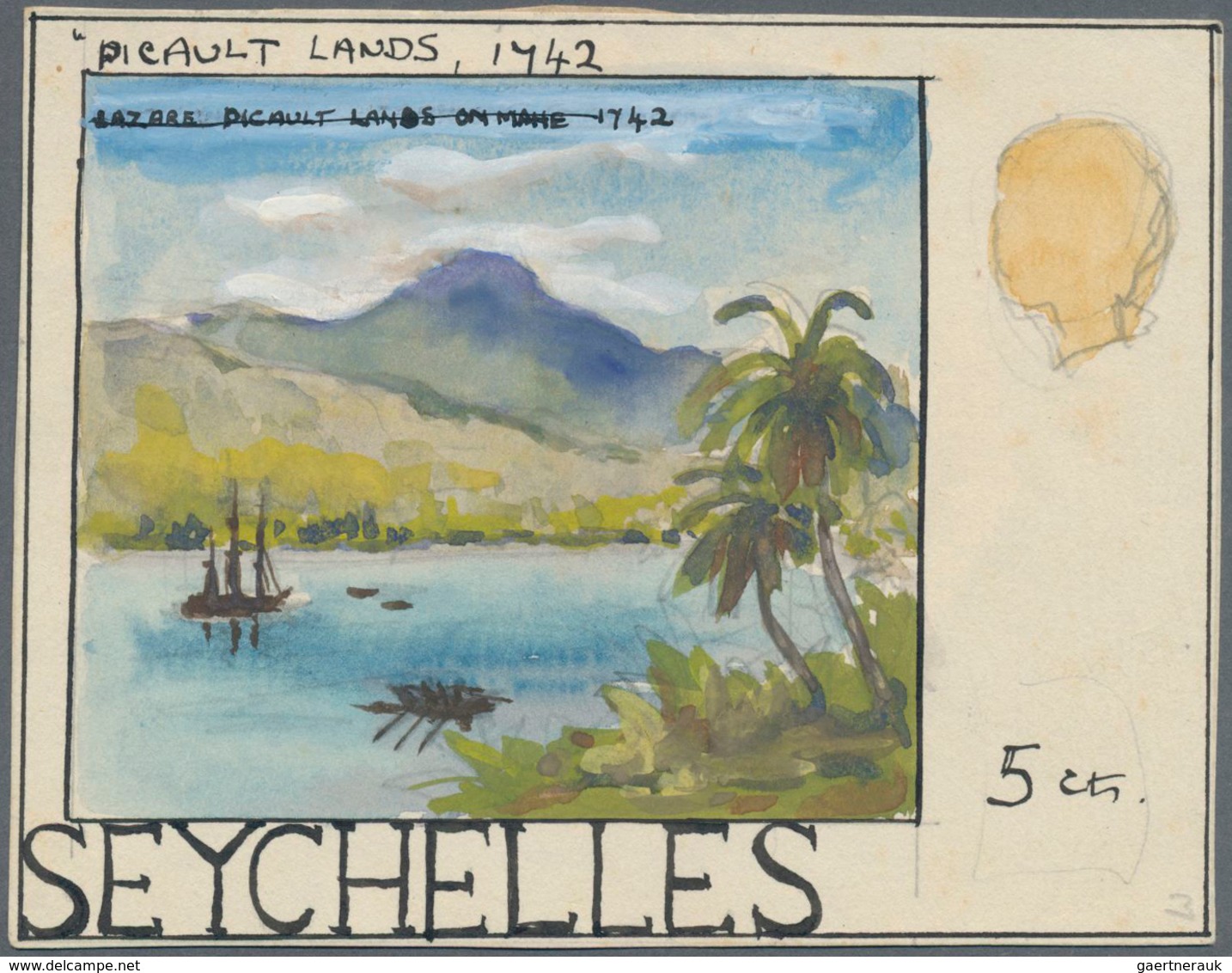 Seychellen: 1965, ARTWORK, 5 C. "PICAULT LANDS - 1742" (ship At Anchor Scene As SG 262) ORIGINAL ART - Seychelles (...-1976)