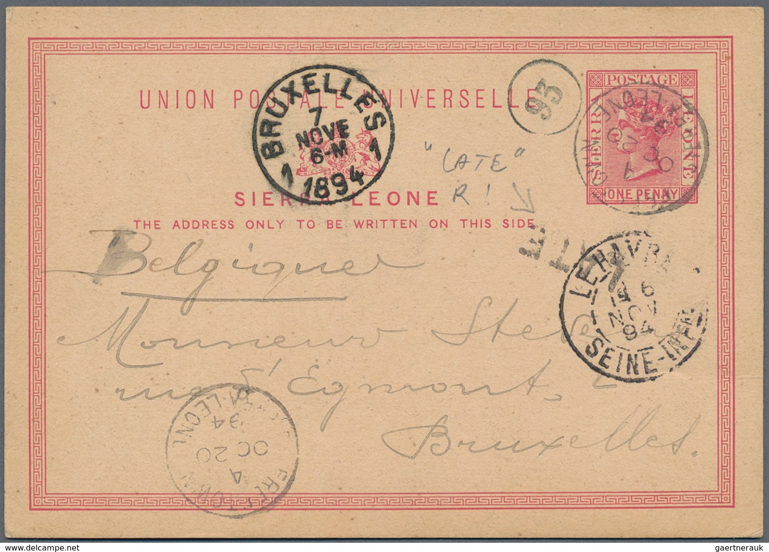 Sierra Leone: 1894 1d Postal Stationery Card Used To Belgium - Cancelled By CDS “ Freetown / Sierra - Sierra Leone (1961-...)