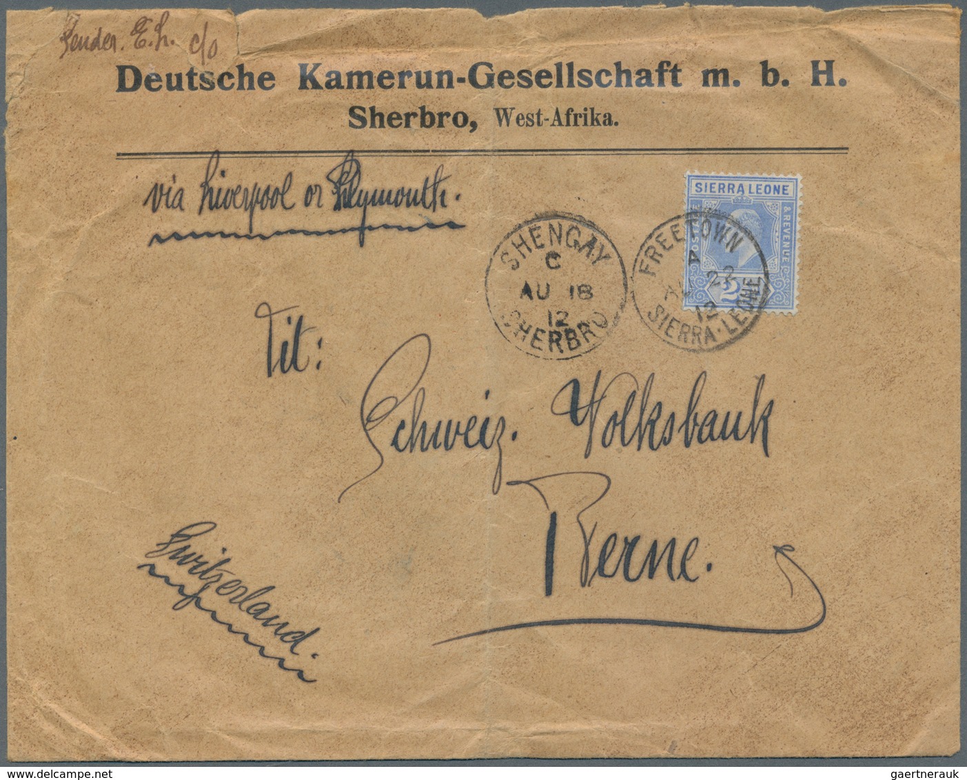 Sierra Leone: 1912, Originally Unstamped Letter From "SHENGAY-SHERBRO AU 16 12" With Sender's Imprin - Sierra Leone (1961-...)