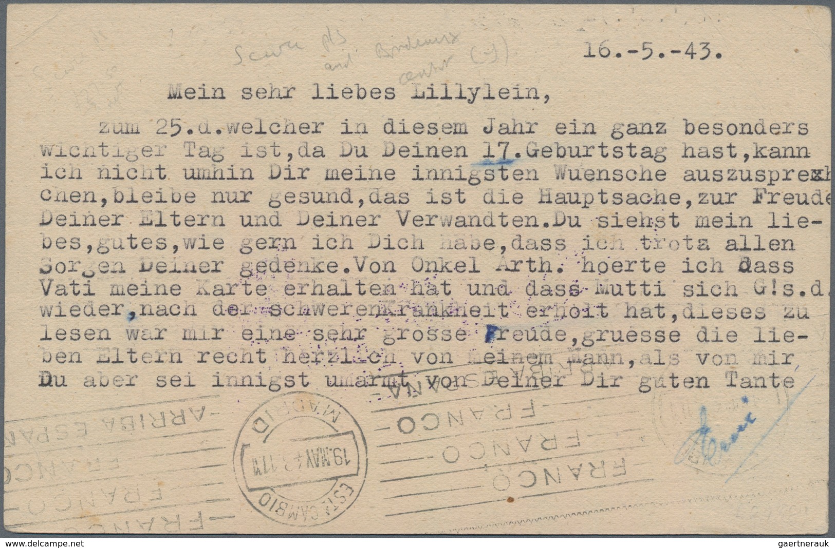 Spanisch-Marokko: 1943, Spanish Morocco Posta Stationery Card 20c Blue Upgraded With SG 353, 5c Brow - Spaans-Marokko
