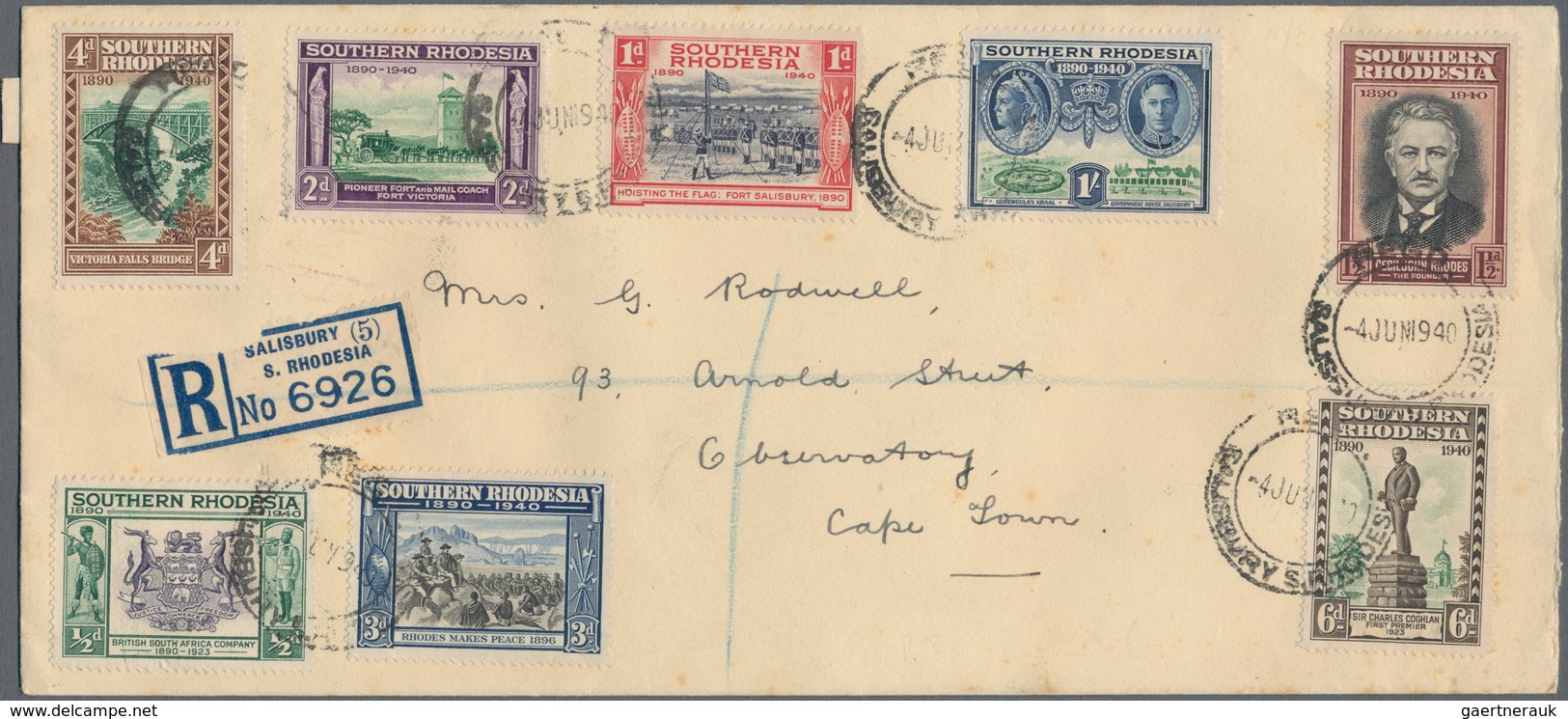 Süd-Rhodesien: 1940 Registered Cover With Full Set Of 8 Stamps Half A Penny To One Shilling On The O - Rodesia Del Sur (...-1964)