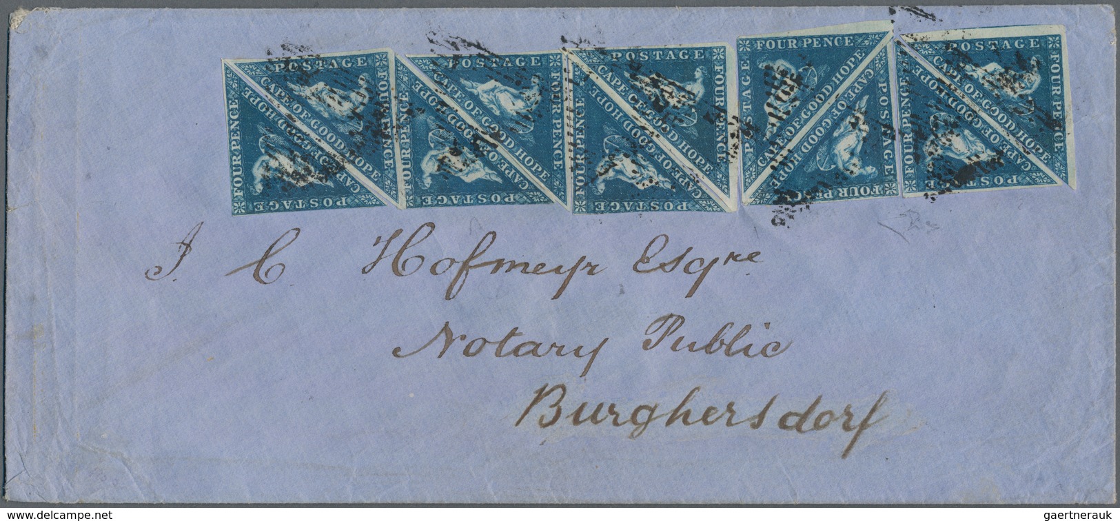 Kap Der Guten Hoffnung: 1855 4d. Deep Blue On White Paper, TEN Single Stamps Used On Cover To Burghe - Cape Of Good Hope (1853-1904)