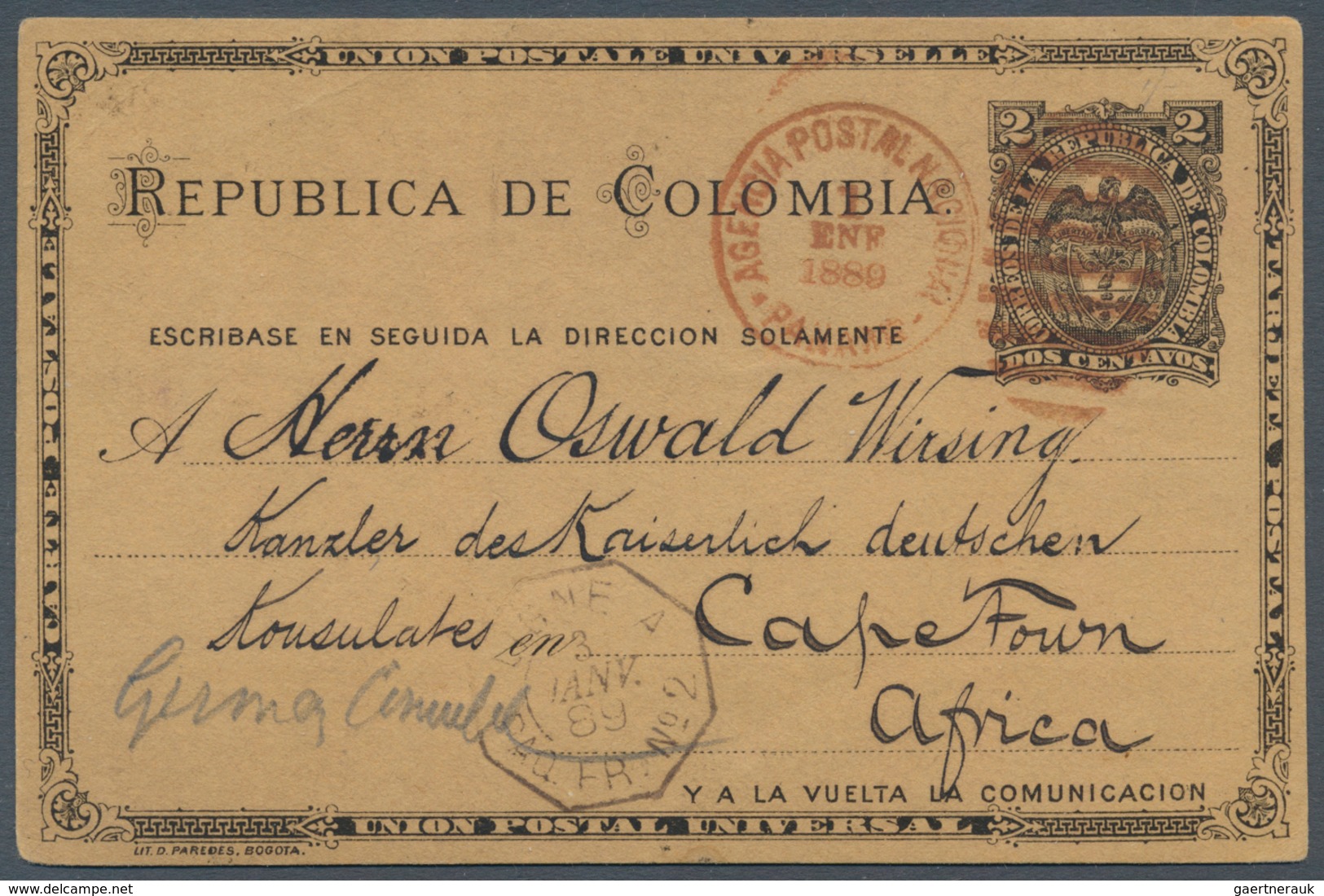 Kap Der Guten Hoffnung: 1889 Postal Stationery Card Of Colombia Send From Panama Postal Agency By Fr - Cape Of Good Hope (1853-1904)