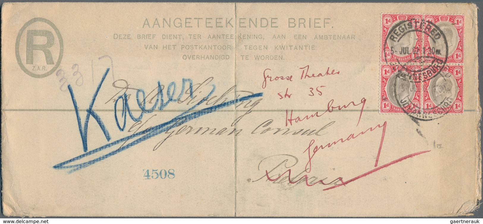 Transvaal: 1902 Uprated With Block Of Four Of 1 Penny Red/grey Registered Postal Stationery Envelope - Transvaal (1870-1909)