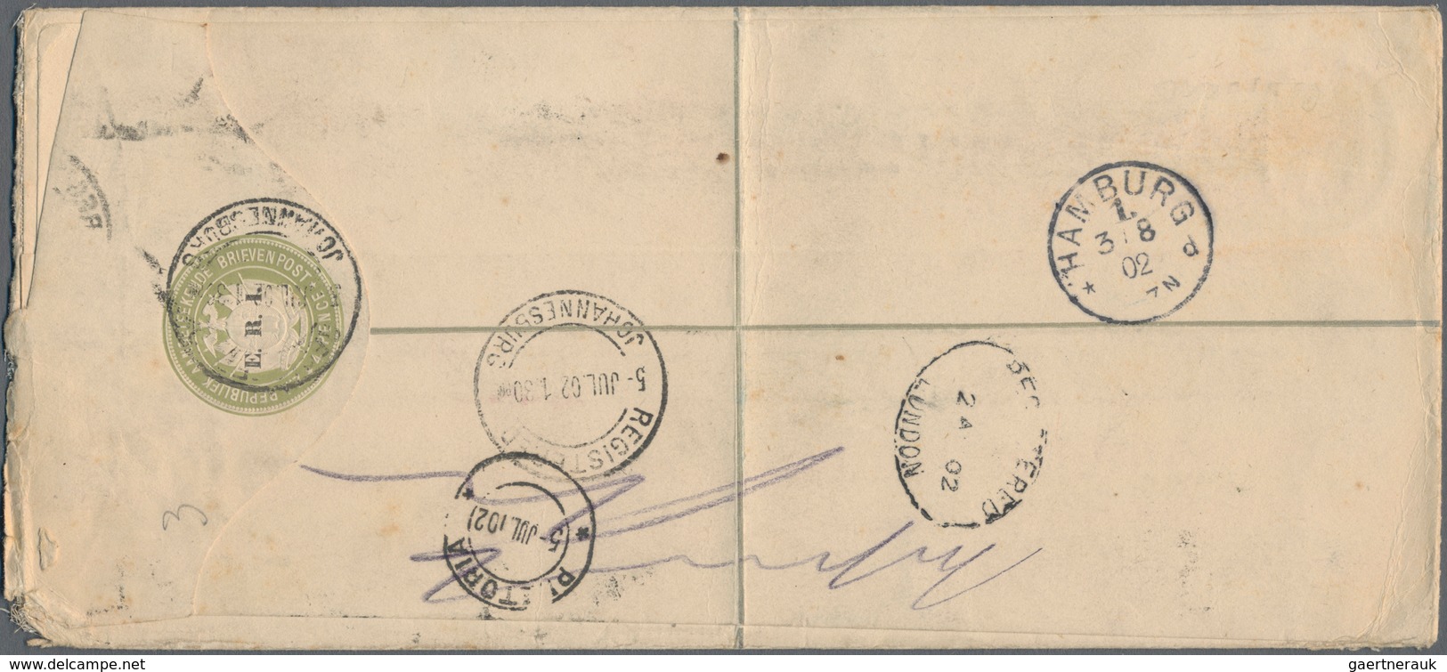 Transvaal: 1902 Uprated With Block Of Four Of 1 Penny Red/grey Registered Postal Stationery Envelope - Transvaal (1870-1909)