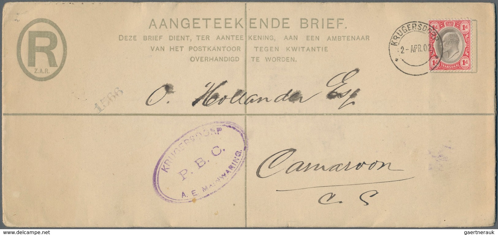 Transvaal: 1902 (2.4.), Registered Letter (long Size) 4d. Olive Optd. 'E.R.I.' Uprated With KEVII 1d - Transvaal (1870-1909)