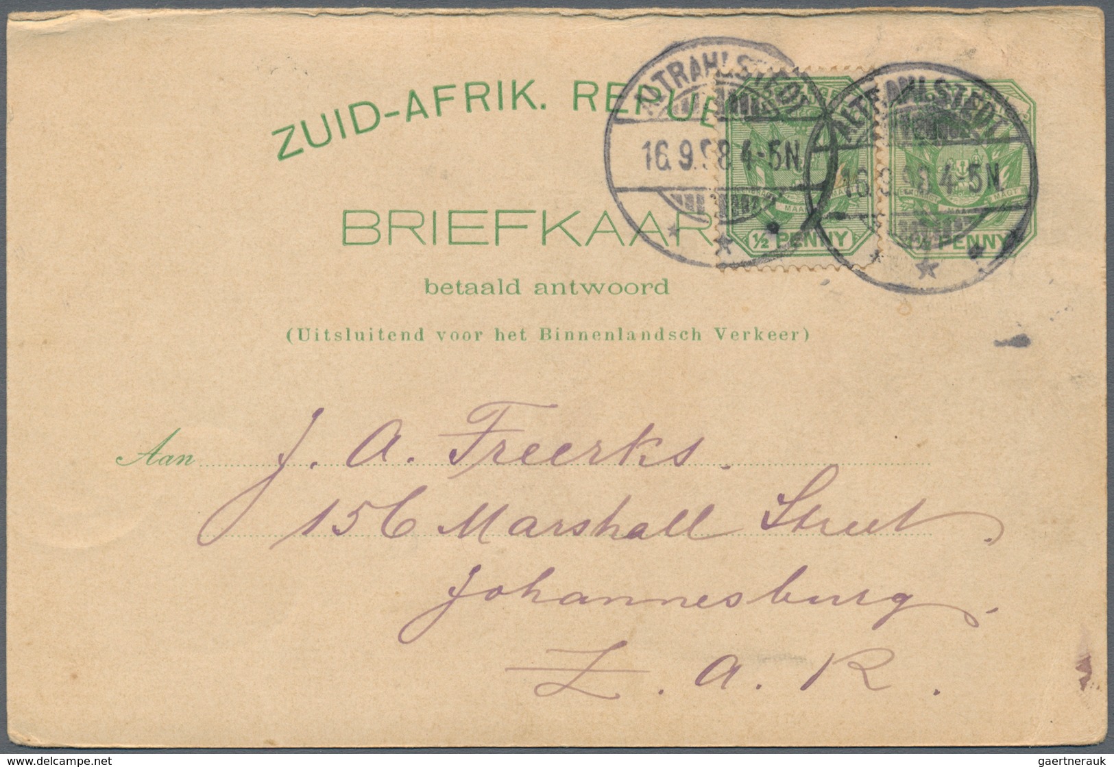 Transval - Ganzsachen: 1896, Stationery Question Card ½ D. Uprated ½ D With Comercial Usage Sent Fro - Transvaal (1870-1909)