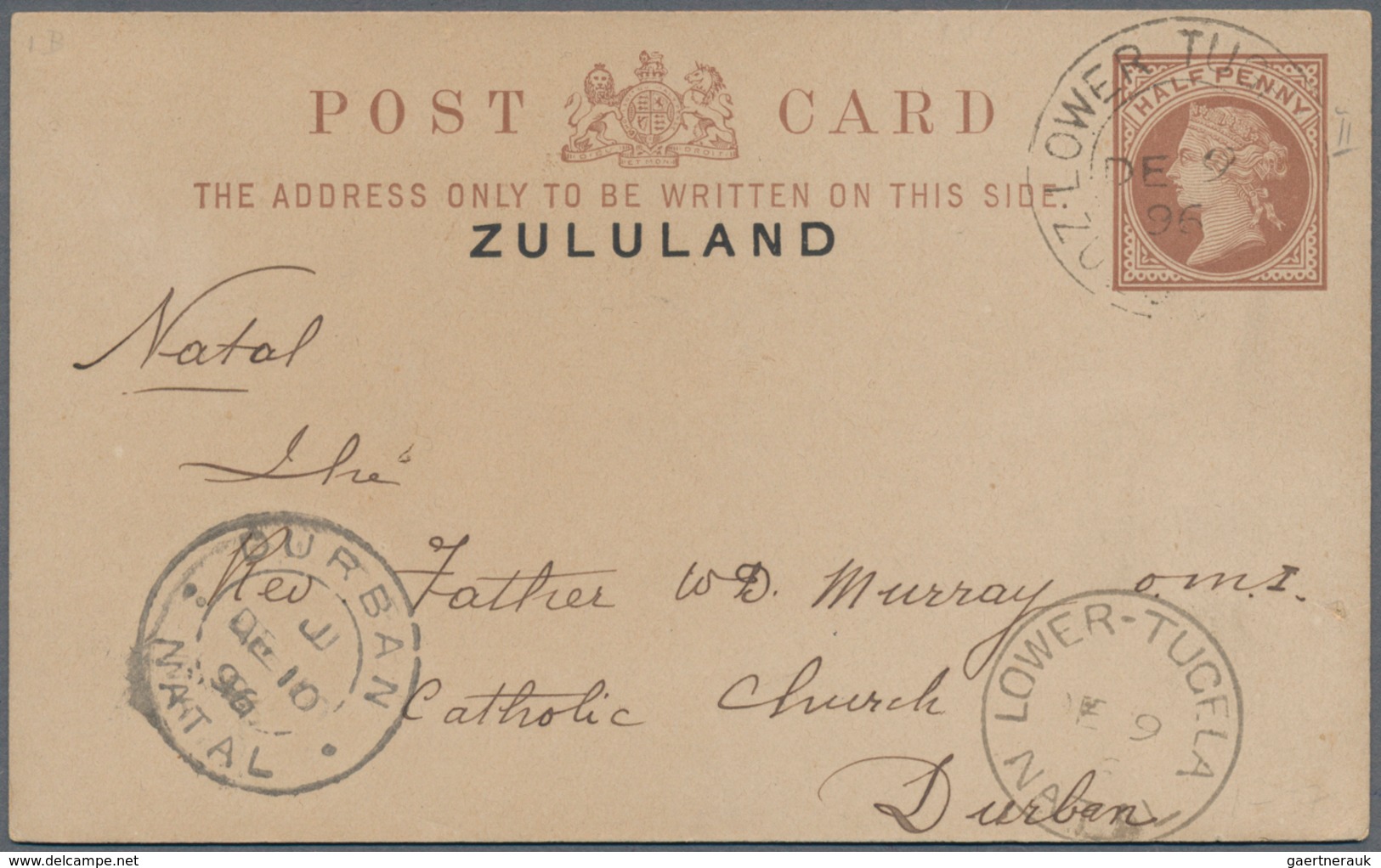 Zululand: "LOWER TUGELA ZULULAND DE 9 1896" Cds On Overprinted 1/2d Postal Stationery Card Of Great - Zululand (1888-1902)