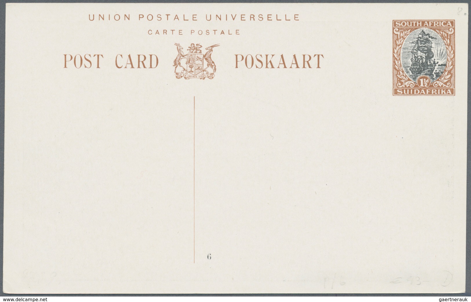 Südafrika - Ganzsachen: 1927, six pictorial stat. postcards ship-type 1½d. brown/black with differen