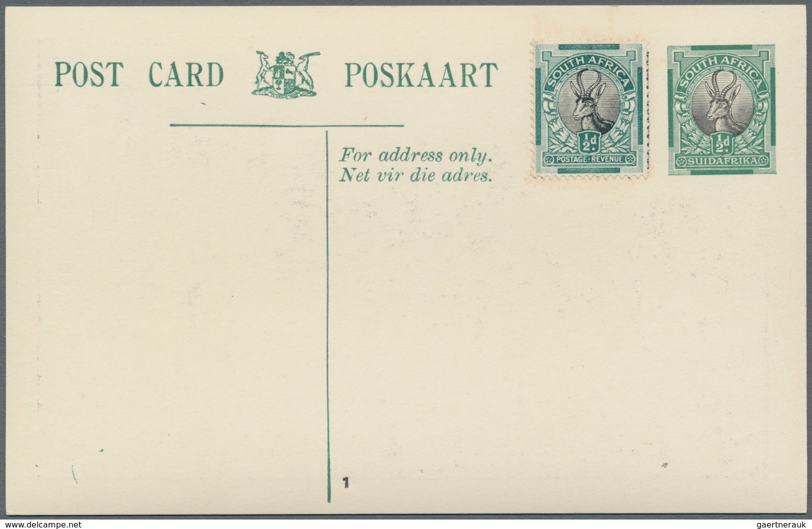 Südafrika - Ganzsachen: 1934, Pictorial Stat. Postcards Springbok ½d. Green/black With Outlined Box - Otros & Sin Clasificación