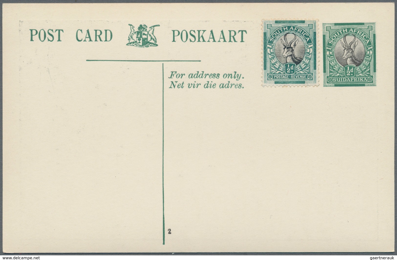 Südafrika - Ganzsachen: 1934, pictorial stat. postcards Springbok ½d. green/black with outlined box