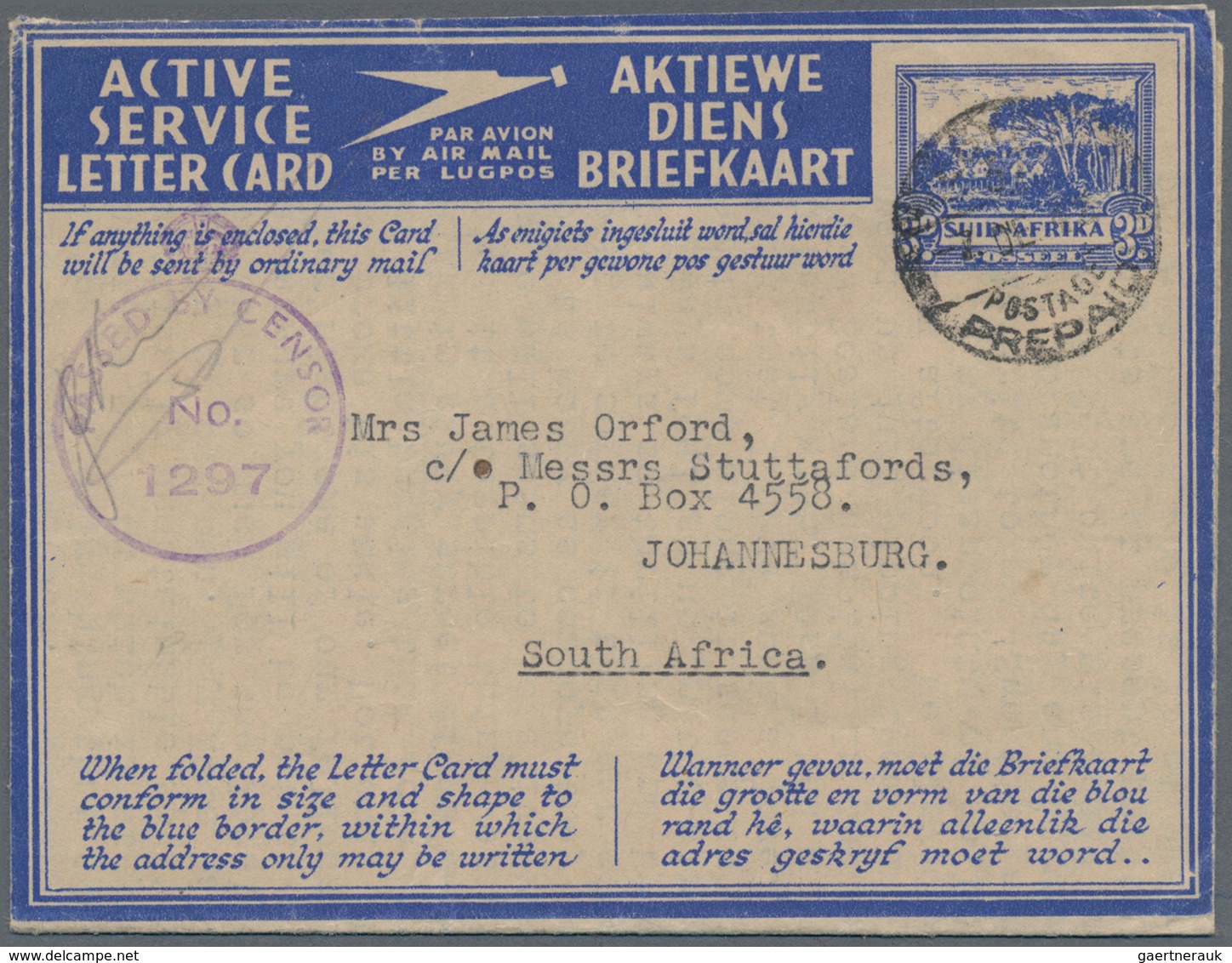 Südafrika - Ganzsachen: 1942 (3.12.), ACTIVE SERVICE LETTER CARD 3d. Blue 'Suid-Africa' Used With 'E - Altri & Non Classificati