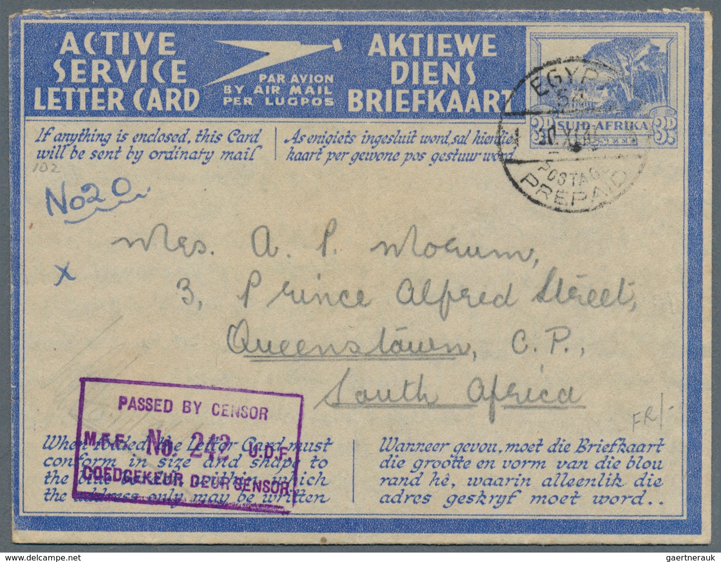 Südafrika - Ganzsachen: 1941/1945, Four ACTIVE SERVICE Lettercards 3d Blue All Commercially Used Wit - Other & Unclassified