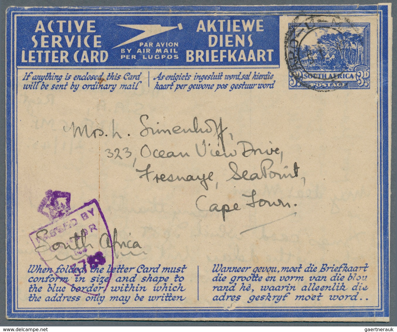 Südafrika - Ganzsachen: 1941/1945, Four ACTIVE SERVICE Lettercards 3d Blue All Commercially Used Wit - Other & Unclassified