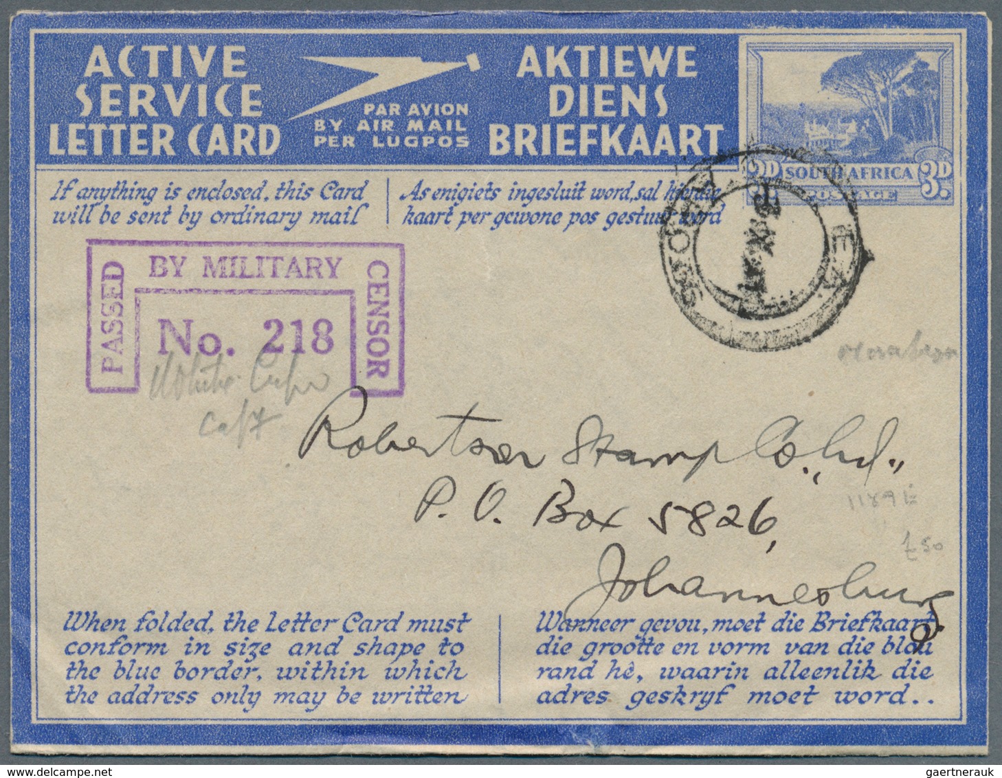 Südafrika - Ganzsachen: 1941/1945, Four ACTIVE SERVICE Lettercards 3d Blue All Commercially Used Wit - Sonstige & Ohne Zuordnung