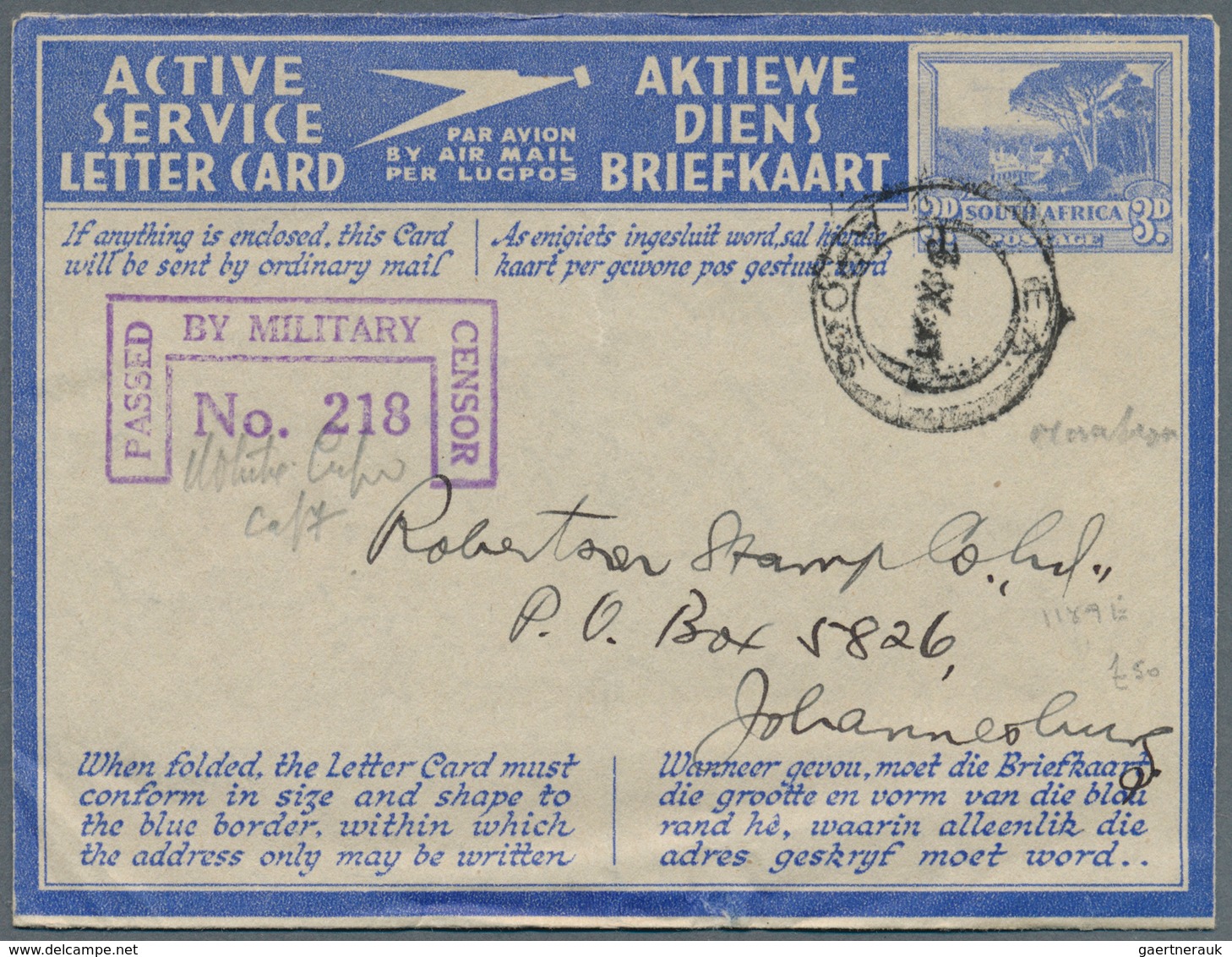 Südafrika - Ganzsachen: 1941/1945, Four ACTIVE SERVICE Lettercards 3d Blue All Commercially Used Wit - Andere & Zonder Classificatie