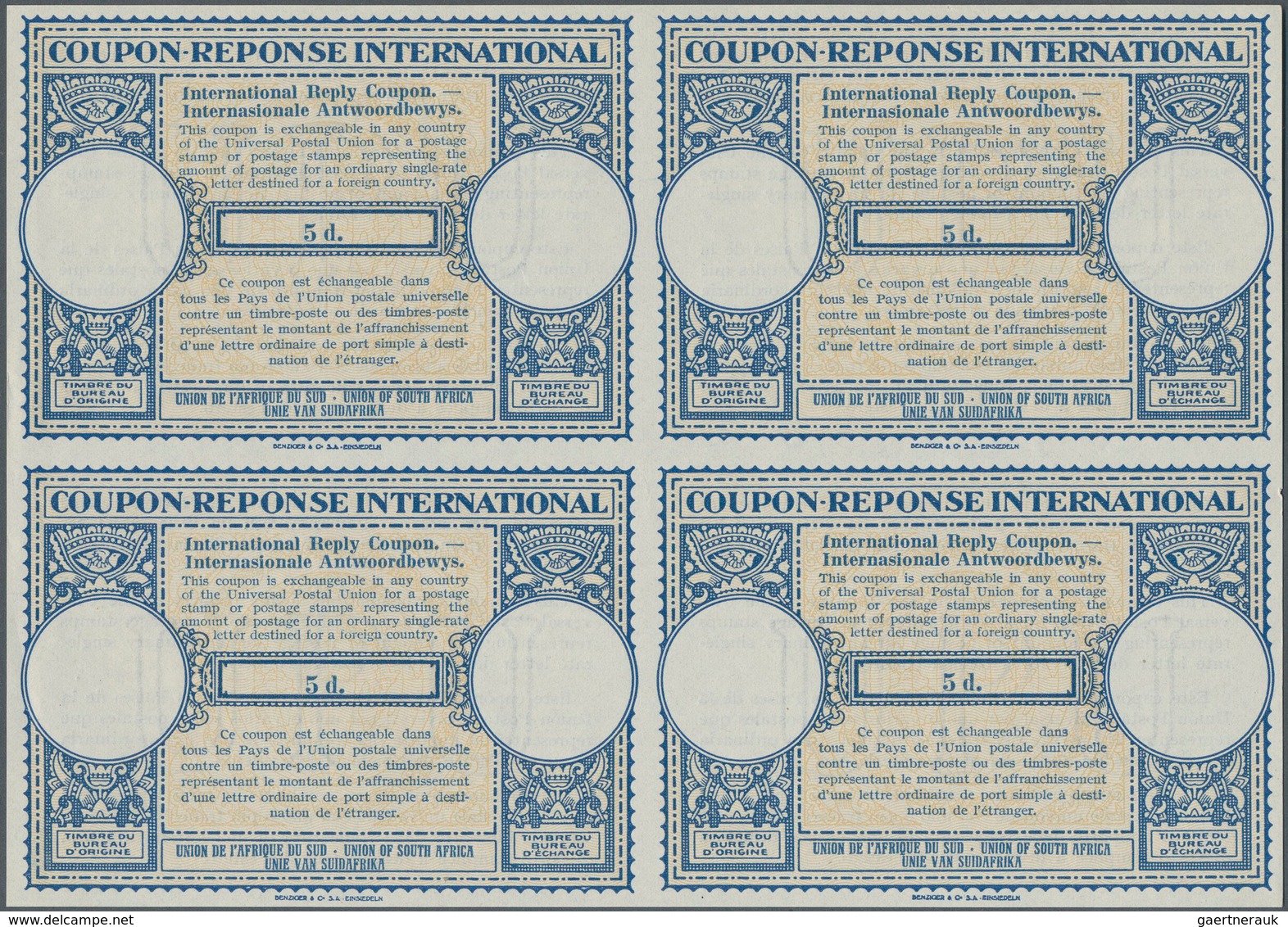 Südafrika - Ganzsachen: 1947. International Reply Coupon 5d (London Type) In An Unused Block Of 4. I - Other & Unclassified