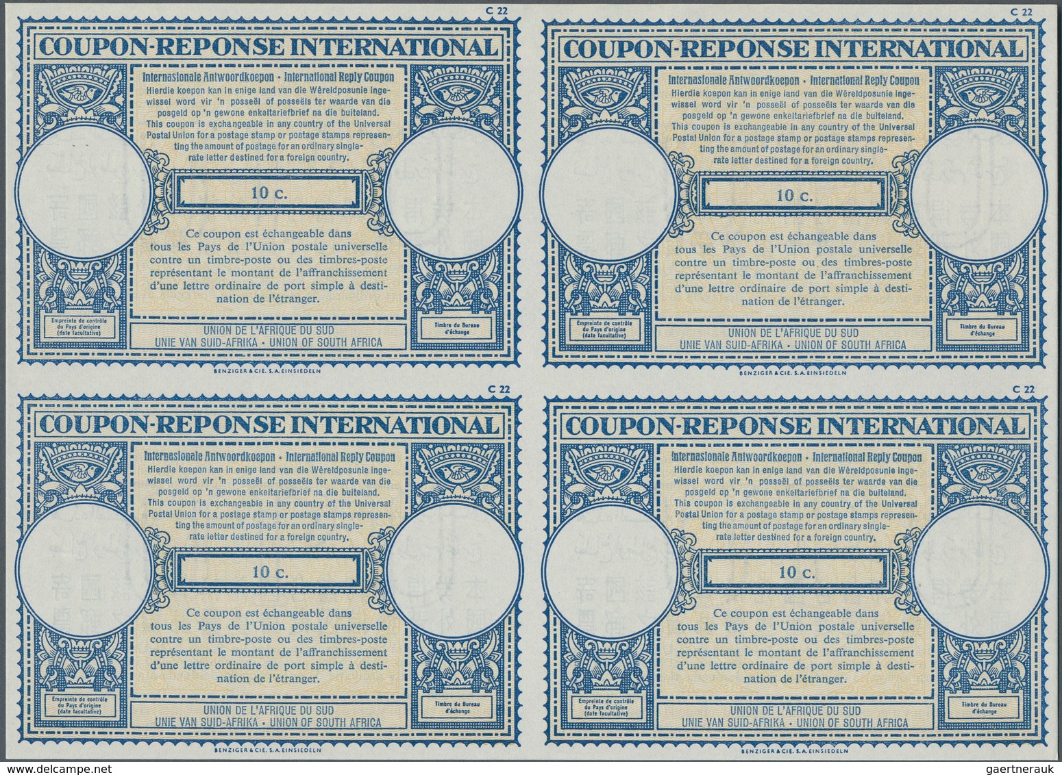 Südafrika - Ganzsachen: 1960. International Reply Coupon 10c (London Type) In An Unused Block Of 4. - Otros & Sin Clasificación