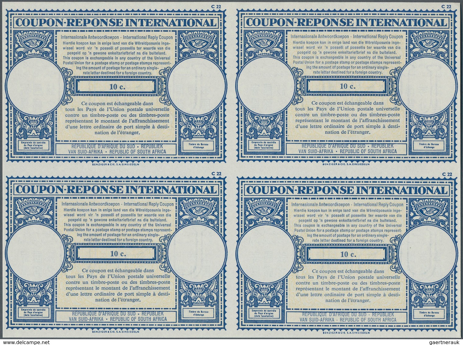Südafrika - Ganzsachen: 1964. International Reply Coupon 10c (London Type) In An Unused Block Of 4. - Andere & Zonder Classificatie