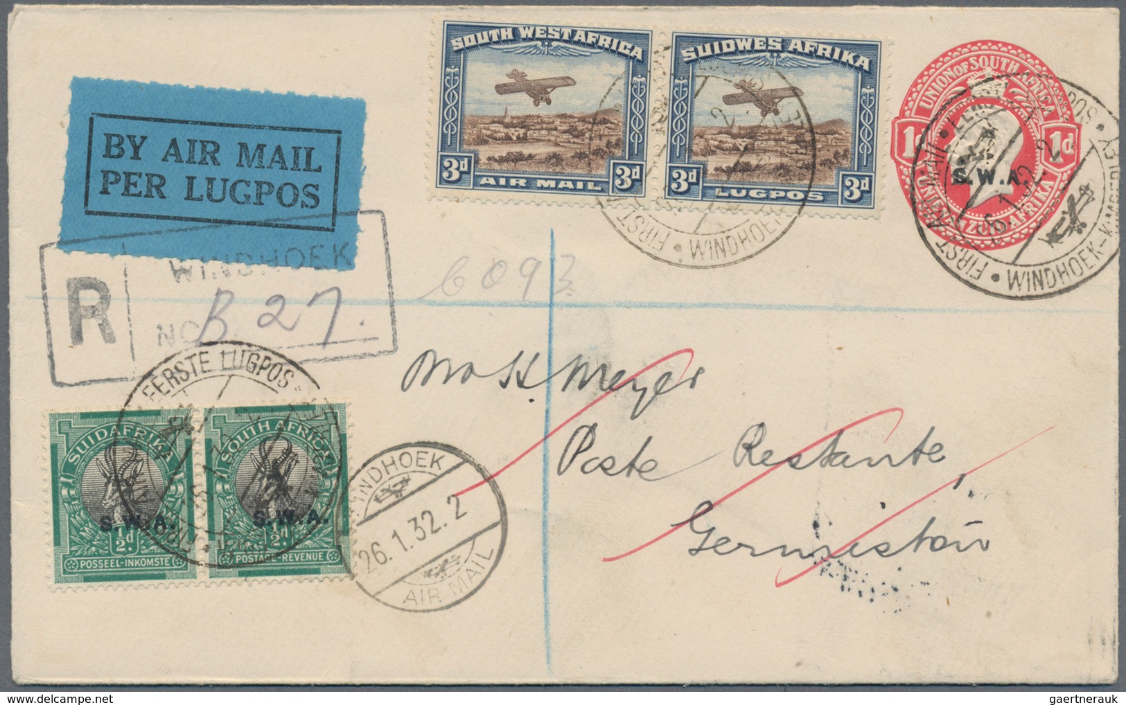 Südwestafrika: 1932 (26.1.), South Africa KGV 1d. Red Stat. Envelope Optd. 'S.W.A.' Uprated With Se- - South West Africa (1923-1990)