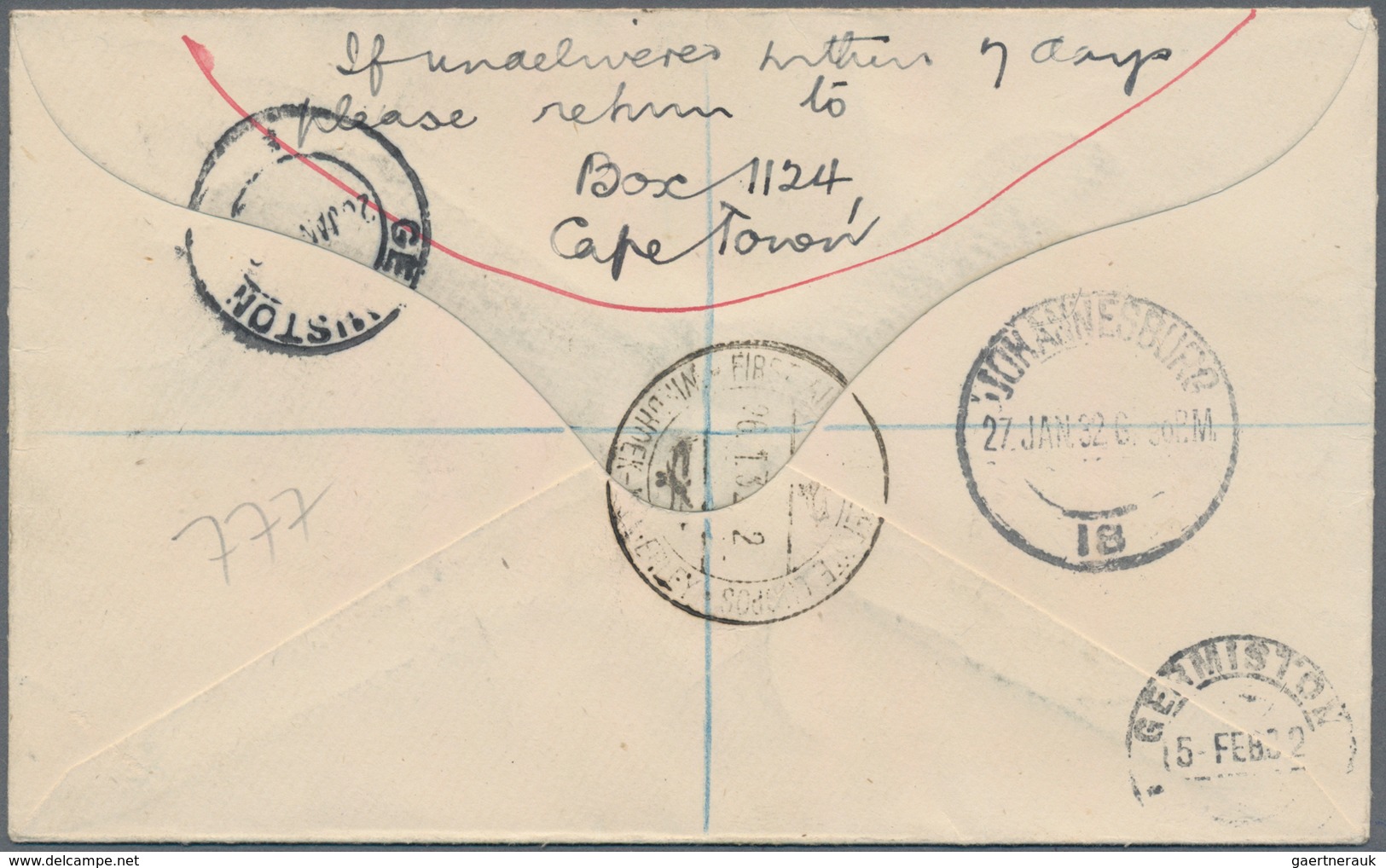 Südwestafrika: 1932 (26.1.), South Africa KGV 1d. Red Stat. Envelope Optd. 'S.W.A.' Uprated With Se- - South West Africa (1923-1990)