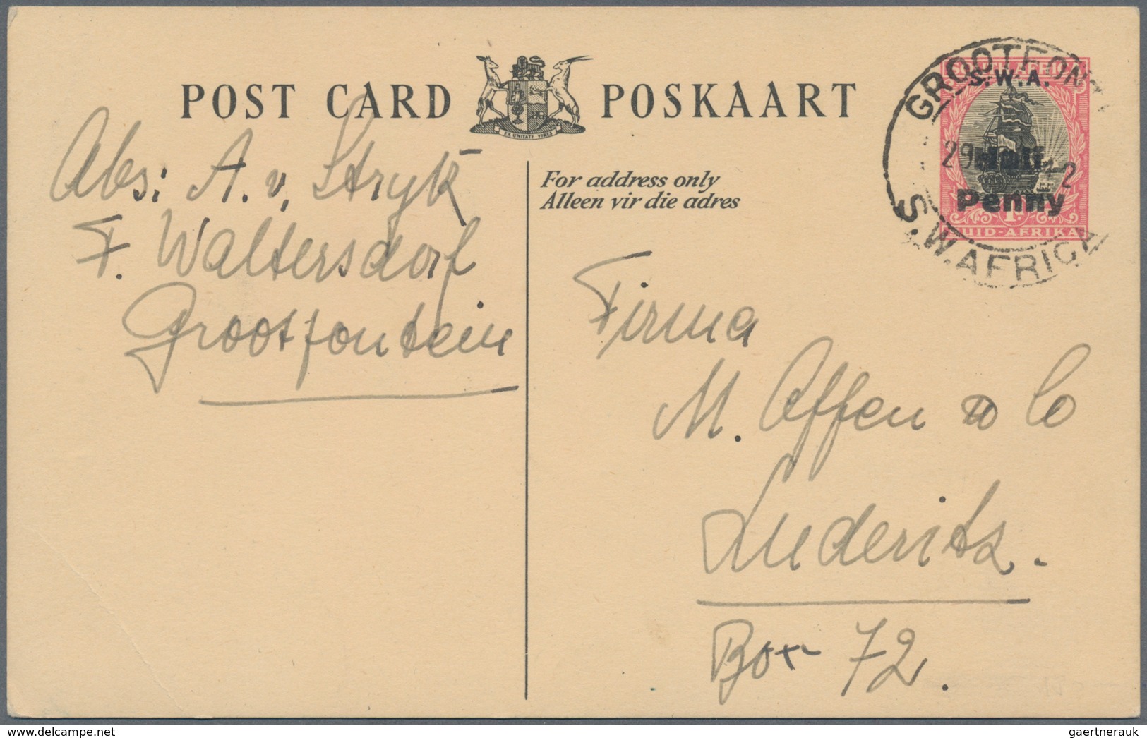 Südwestafrika: 1934 (29.11.?), Unissued South African Stat. Postcard Ship-type 1d. Red/grey With Opt - África Del Sudoeste (1923-1990)