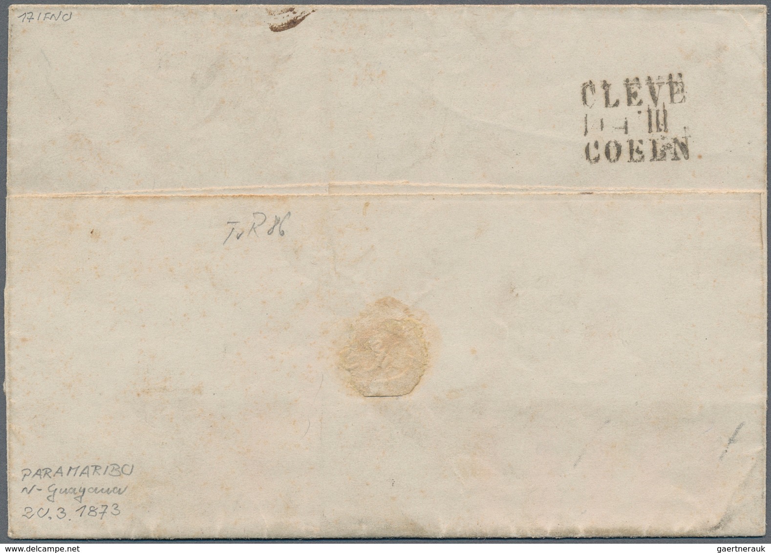 Surinam: 1873, Stampless Folded Letter-sheet From PARAMARIBO, 20/3 1873, Along With Manuscript Routi - Suriname ... - 1975