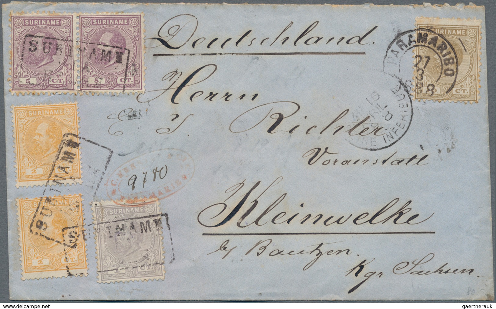 Surinam: 1888/1897, Lot Of 3 Covers To Germany, Comprising A 4-color Franking With 1 C Grey, 2 X 2 C - Surinam ... - 1975