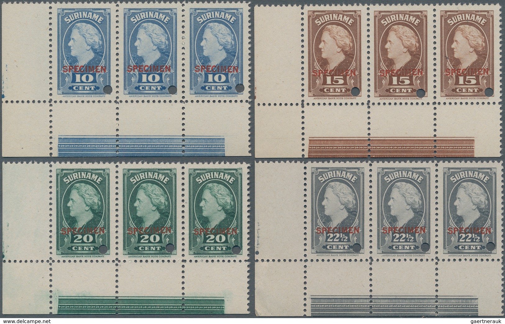 Surinam: 1945, Definitives Wilhelmina, 10c.-25c. And 50c., Six Values With Specimen Overprint And Pu - Surinam ... - 1975