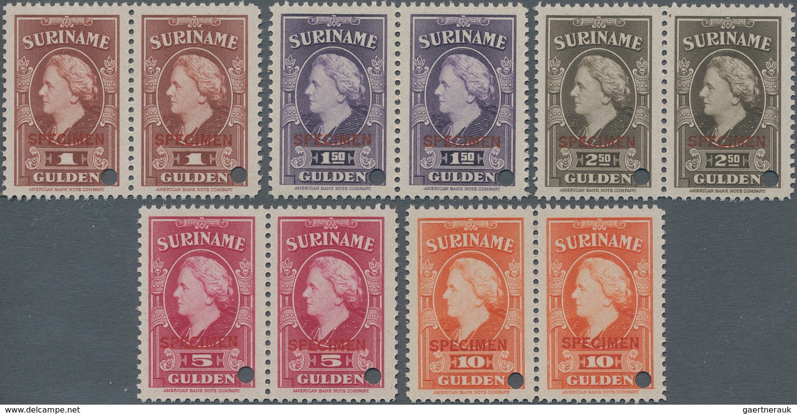 Surinam: 1945, Definitives Wilhelmina, 1gld.-10gld., Five Values With Specimen Overprint And Punchin - Surinam ... - 1975