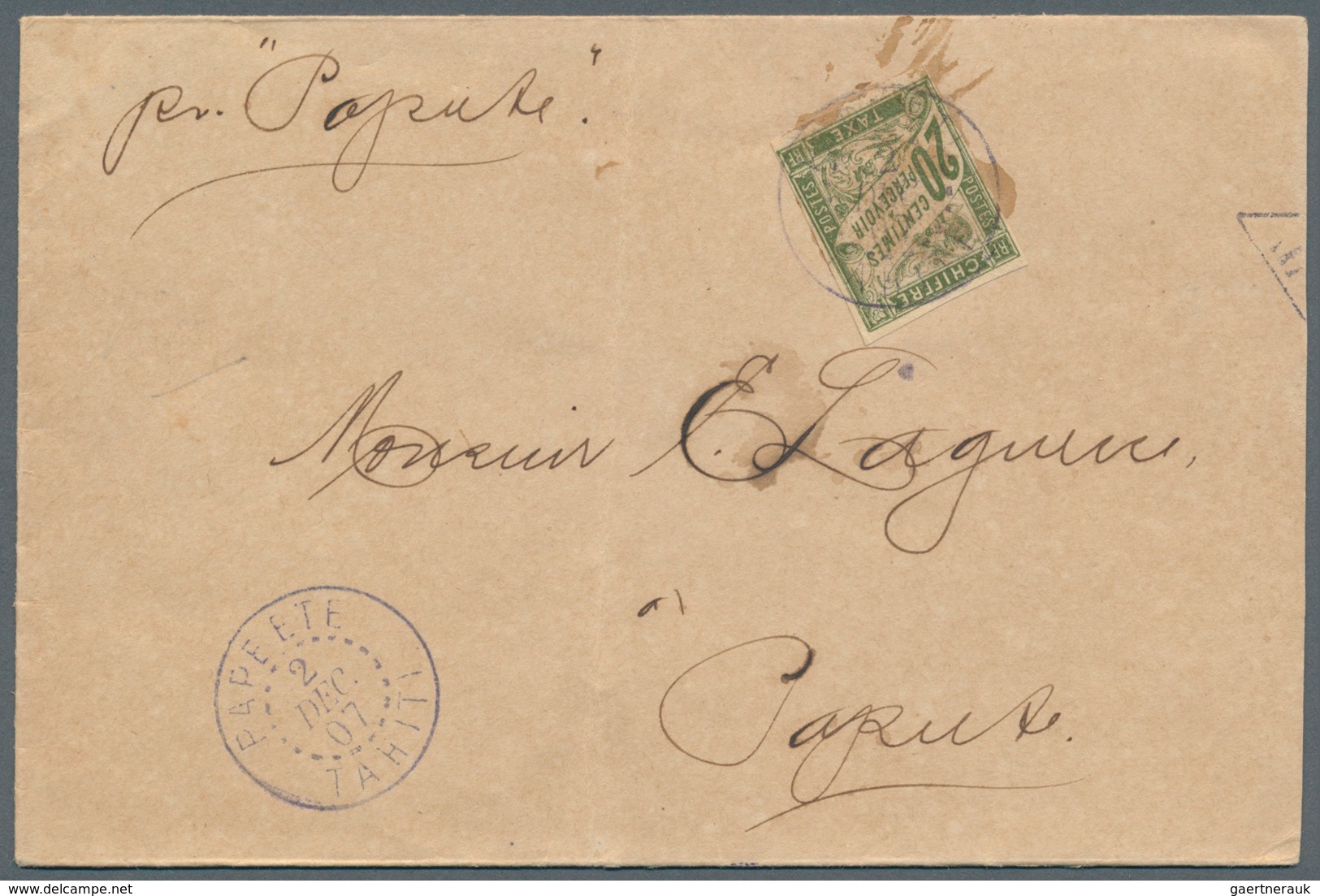 Tahiti: 1907. Unpaid Envelope Front The Cook Islands (right Side Shorthend, Vertical Fold) Addressed - Tahiti