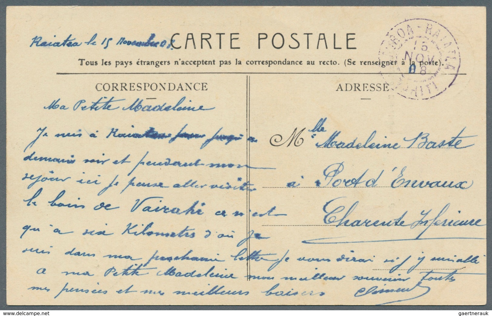 Tahiti: 1908. Picture Post Card Written From Raiatea Dated '15th Nov 08' Of 'Tetuanni De Bora Bora' - Tahití