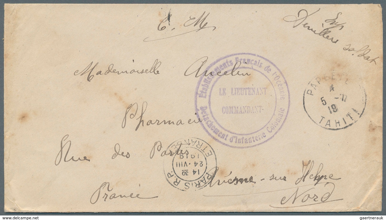 Tahiti: 1919. Stampless Military Mail Envelope (minimal Toned,stains) Cancelled By Papeete Tahiti Da - Tahití