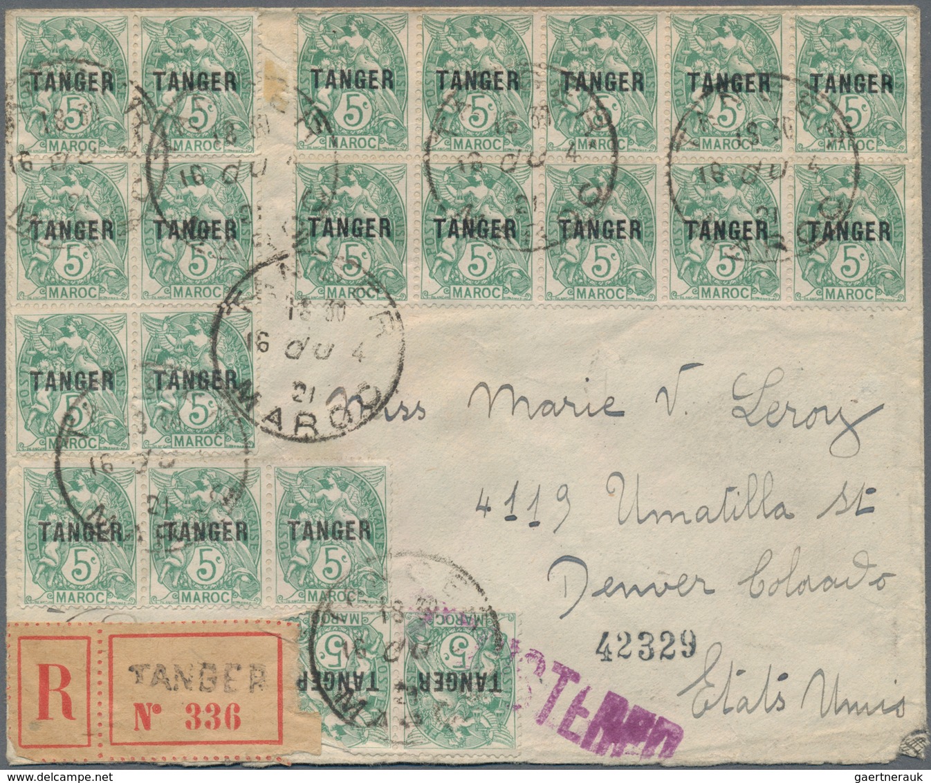 Tanger - Französische Post: 1918 Registered Letter With Scarce Multiple Franking Of 21x 5c (block Of - Other & Unclassified