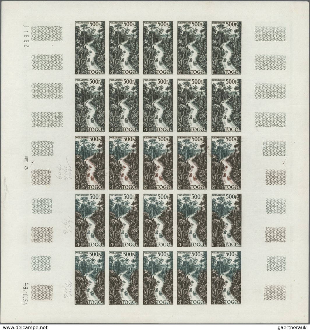 Togo: 1954. Complete Issue "Freight Highway" (1 Value) In 4 Different Color Proof Sheets Of 25. Each - Togo (1960-...)