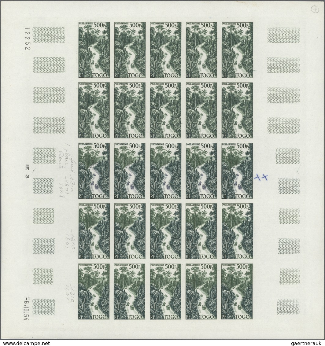 Togo: 1954. Complete issue "Freight Highway" (1 value) in 4 different color proof sheets of 25. Each