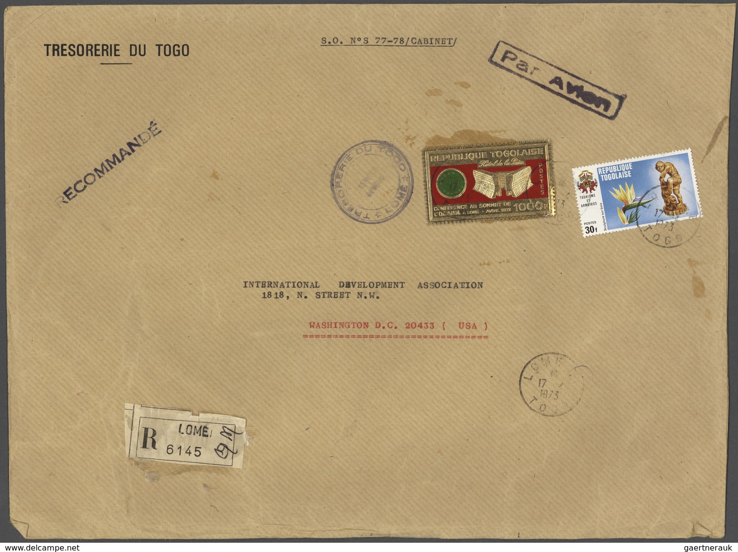 Togo: 1973 Registered Letter From Lome (Tresorerie Du Togo) To The International Development Associa - Togo (1960-...)