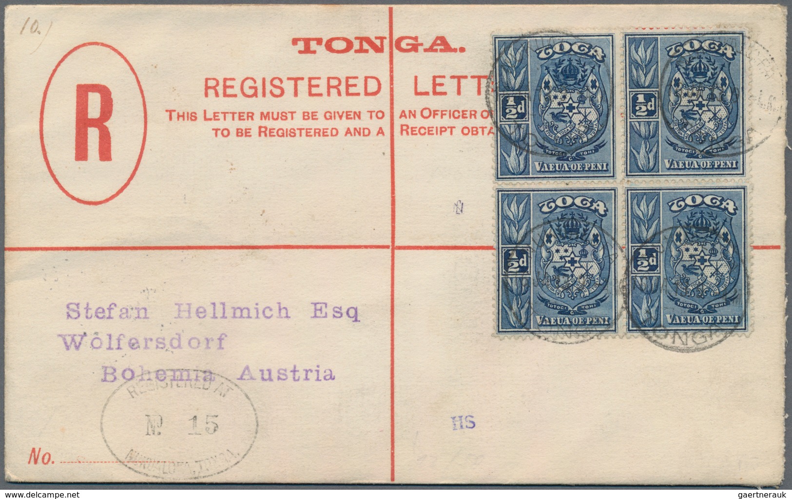 Tonga: 1913 (16.1.), Coat Of Arms ½d. Indigo Block Of Four Used On Front Of 6d. Registered Letter Fr - Tonga (...-1970)