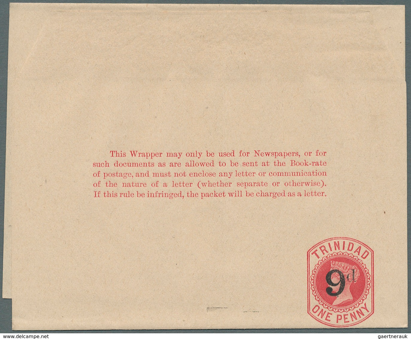 Trinidad Und Tobago: 1891, Stationery Wrapper 1 D. Carmine On Buff With Surcharge Overprint "9 D" Fo - Trinidad & Tobago (1962-...)