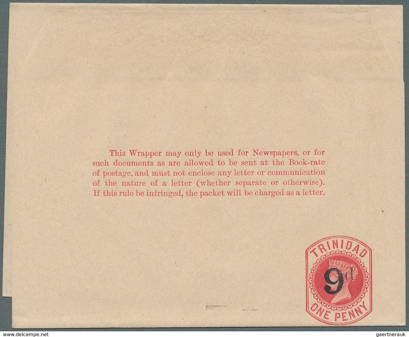 Trinidad Und Tobago: 1891, Stationery Wrapper 1 D. Carmine On Buff With Surcharge Overprint "9 D" Fo - Trinidad En Tobago (1962-...)