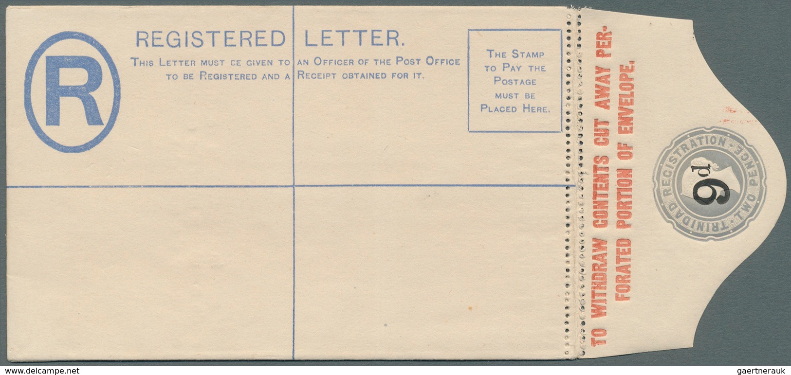 Trinidad Und Tobago: 1891, Stationery Registered-envelope 2 D. Gray-blue ".. CUT AWAY PERFORATED .." - Trinidad & Tobago (1962-...)