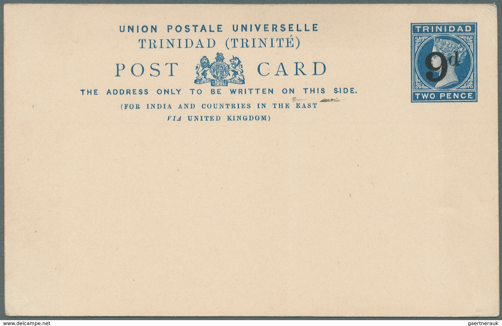 Trinidad Und Tobago: 1891, Stationery Card 2 D. Blue On Cream With Surcharge Overprint "9 D" For The - Trinidad & Tobago (1962-...)