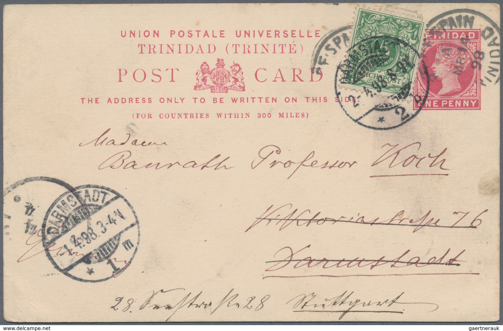 Trinidad Und Tobago: 1898, Stationery Card QV 1 D. Carmine Sent From "PORT OF SPAIN MR 14 98" To Dar - Trinidad & Tobago (1962-...)