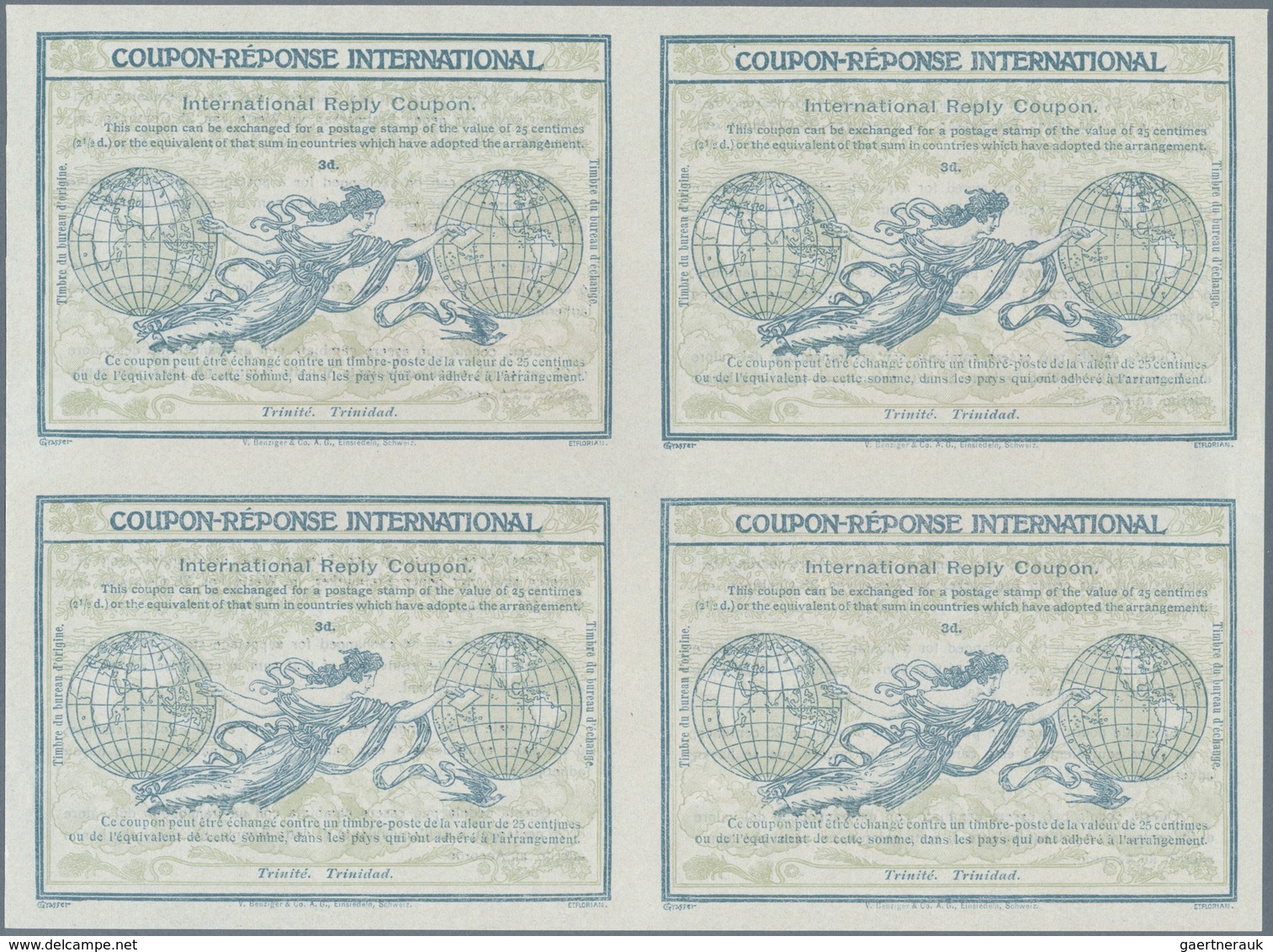 Trinidad Und Tobago: 1911. International Reply Coupon 3d (Rom Type) In An Unused Block Of 4. Luxury - Trinidad & Tobago (1962-...)